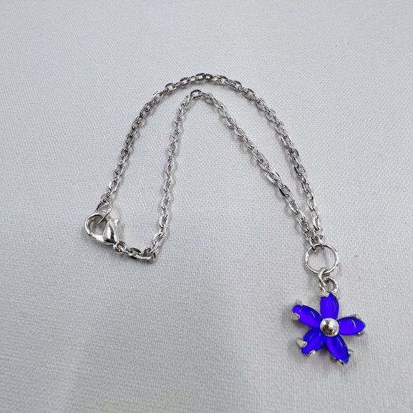 Blue Cats Eye Flower Charm Shiny Silver Tone 9” Bracelet / Anklet - Picture 6 of 6